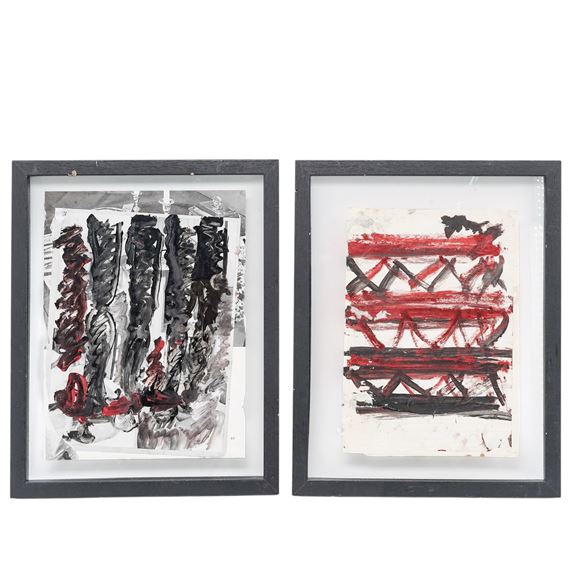 A diptych of abstract expressionist works featuring bold red and black strokes against white backgrounds.