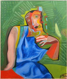 A vibrant, fragmented portrait of a seated figure in blue overalls against a textured green background.