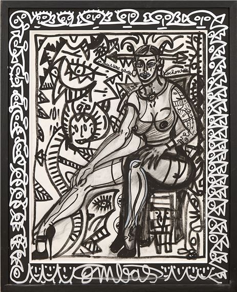A black-and-white graphic print featuring a stylized seated figure surrounded by abstract symbols and decorative borders.