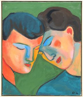 A close-up of two figures in profile, their faces pressed together against a green background.