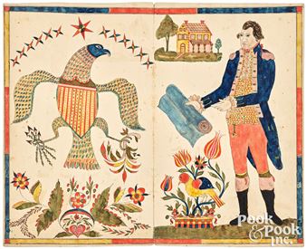 Pennsylvania ink and watercolor patriotic double-page fraktur bookplate