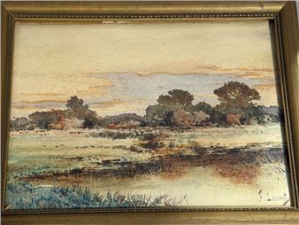 A watercolor landscape of a marshy plain under a soft, hazy sky.