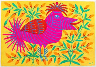 A vibrant, stylized bird surrounded by colorful foliage against a bright yellow background.