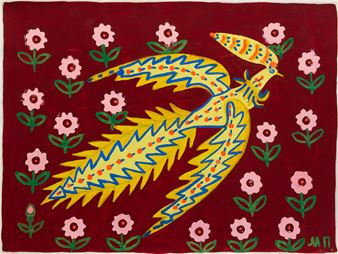 A vibrant folk-art style painting of a stylized bird amidst a field of pink flowers.