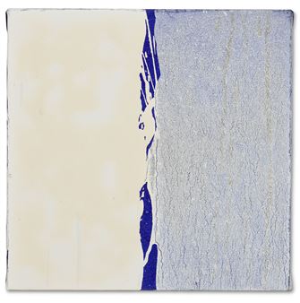 A square canvas featuring a vertical split between a pale cream field and a textured blue-grey area, separated by a jagged dark blue edge.