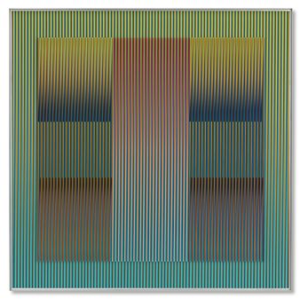 An abstract composition of vertical stripes forming a central column flanked by two symmetrical rectangular blocks.