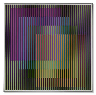 An abstract geometric composition featuring vertical stripes of purple, blue, green, and orange.