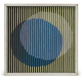 A geometric abstract composition featuring concentric circles and vertical stripes.