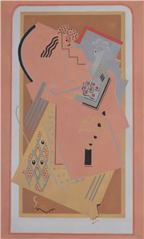 A fragmented portrait of a seated figure holding a tray with abstract geometric patterns.