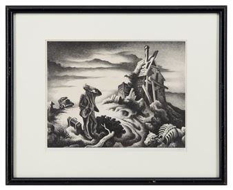 A somber black-and-white print of a lone figure standing before a skeletal landscape with a ruined structure.