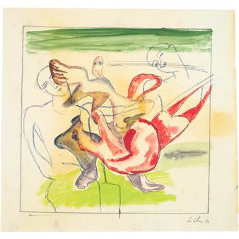 A dynamic watercolor study of overlapping figures in a vibrant, abstract composition.