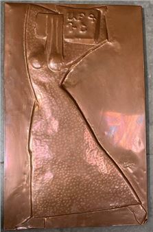 A textured copper relief sculpture depicting a stylized figure with abstract geometric elements.