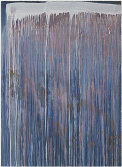 A vertical abstract composition featuring dripping paint textures in cool blues and earthy browns.