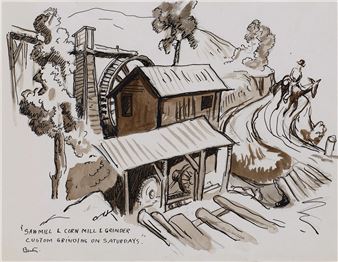 A rustic sketch of a sawmill and corn mill nestled in a hilly landscape.