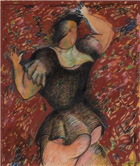 A dynamic figure in a dark dress captured mid-motion against a textured red background.