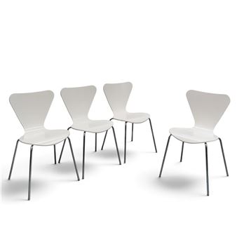 A product-style photograph of four identical white chairs with metal legs arranged in a staggered formation against a stark white background.