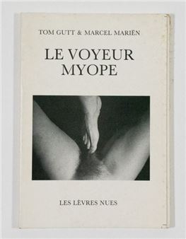 A minimalist book cover featuring a black-and-white photograph of legs and feet against a stark background.