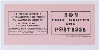 A vintage-style pink invitation card featuring two black-bordered text blocks with French and Dutch language phrases.