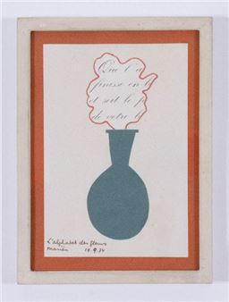 A minimalist graphic print featuring a blue vase with a red cloud of handwritten text floating above it.