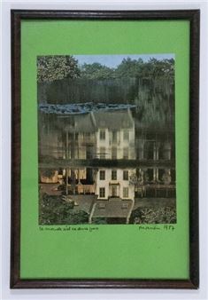 A framed artwork featuring a split-image of a house reflected in water, with a bright green mat.