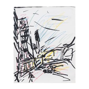 A dynamic abstract sketch of a cityscape with bold black lines and colorful scribbles.