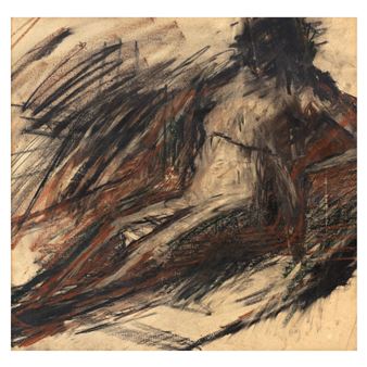 An abstract charcoal and earth-toned study of a reclining figure with dynamic, sweeping strokes.