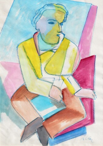 A colorful, abstract portrait of a seated figure in a vibrant yellow shirt against a geometric background.