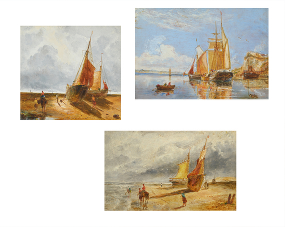 A triptych of maritime scenes featuring ships on water and a beach with figures.