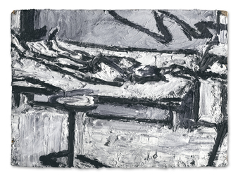 An abstract black and white painting featuring thick, expressive brushstrokes that create a sense of layered depth and movement.