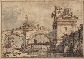 A Capriccio of a ruined Renaissance Arcade and Pavilion by a Waterway crossed by a wooden Footbridge, a Round Tower beyond