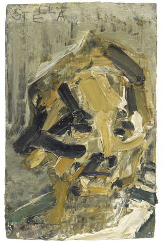 A raw, expressive portrait rendered in thick impasto with a muted palette of ochre and charcoal.
