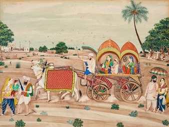 Ladies riding in a carriage drawn by bullocks, ascribed to Bishan Singh, India, Amritsar, dated VS 1930 / circa 1873-74 AD