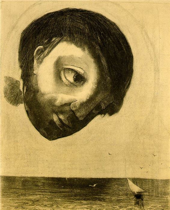 Odilon Redon, Guardian Spirit of the Waters, 1878, various charcoals, with touches of black chalk, stumping, erasing, incising, and subtractive sponge work, heightened with traces of white chalk, on cream wove paper altered to a golden tone, Art Institute of Chicago