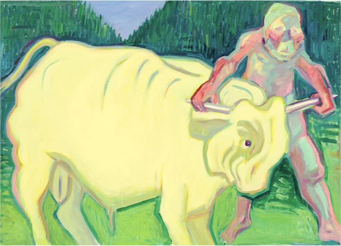 Maria Lassnig, Taking the Bull by the Horns, Oil on Canvas, 2003, 145 x 200 cm, Courtesy: Maria Lassnig Foundation