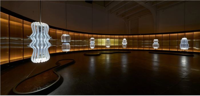 Exhibition installation, Anika Yi, Radiolaria Series, 2023-2024, PMMA optical fiber, LEDs, silicone, acrylic, epoxy, aluminum, stainless steel, steel, brass motors, microcontrollers. Courtesy UCCA Center of Contemporary Art