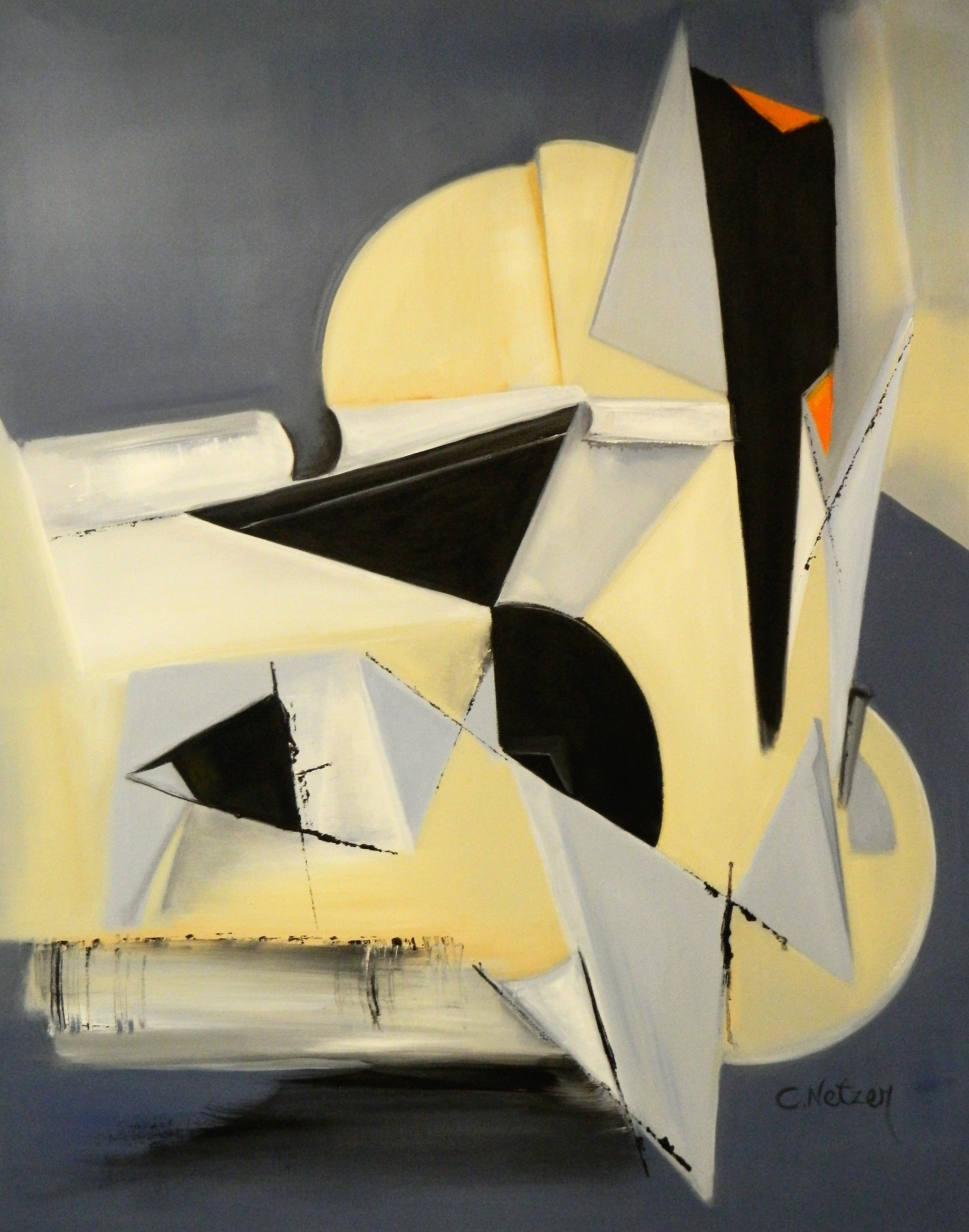 A painting of a yellow and black abstract painting.