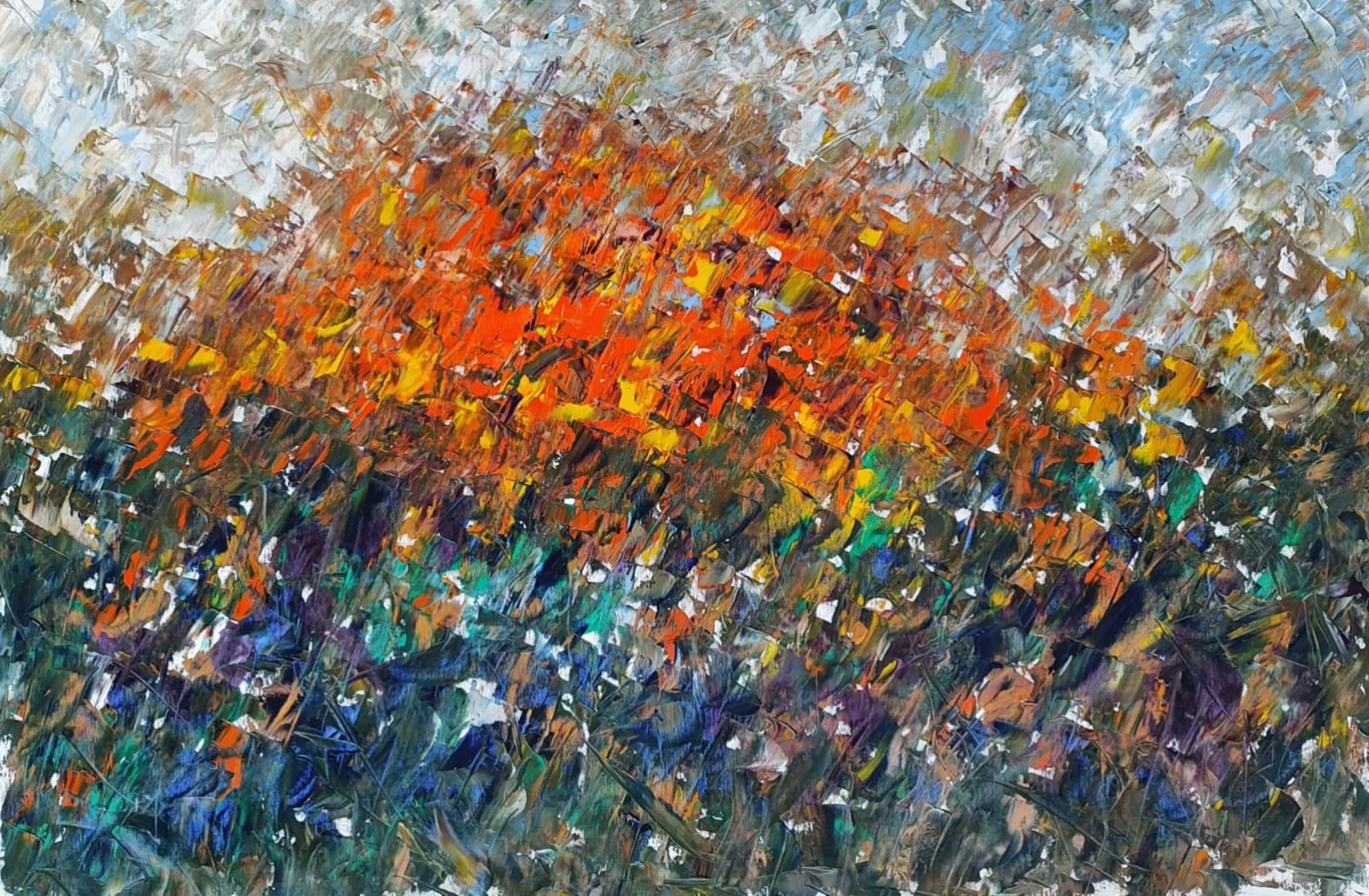 A painting of a field of colorful flowers on a white background.
