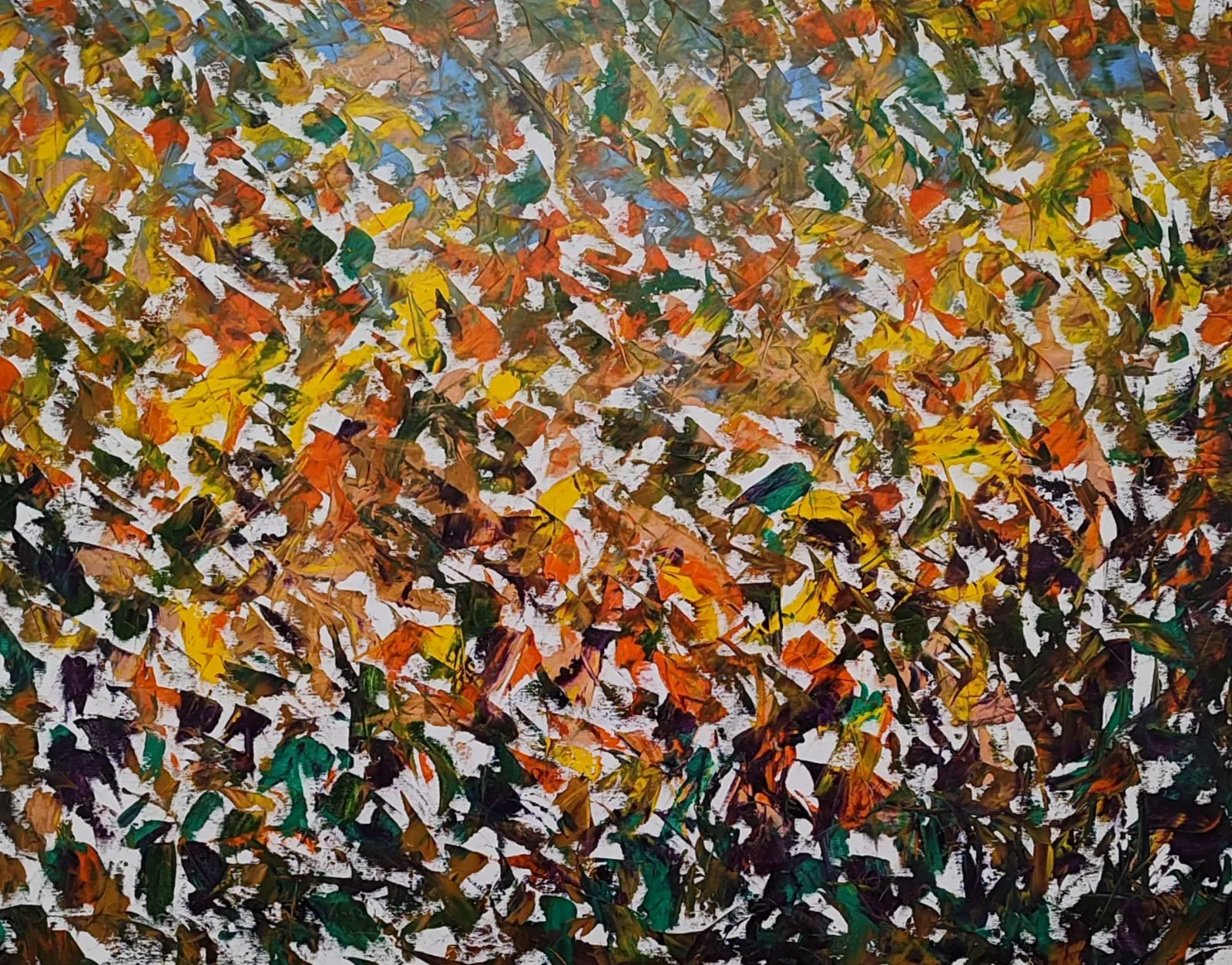 A painting of a field of colorful leaves on a white background.
