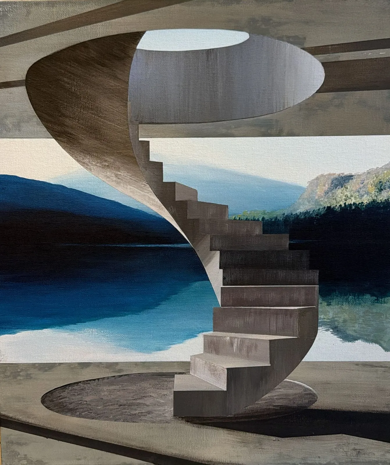 A surreal painting of a concrete spiral staircase ascending into an open sky above a serene lake and distant mountains.