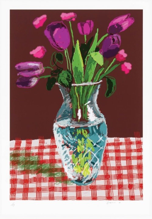 A painting of purple tulips in a vase on a table.