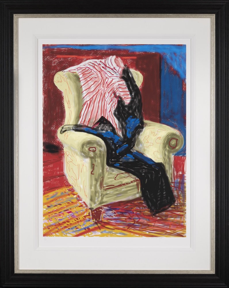 A painting of a person sitting in a chair.
