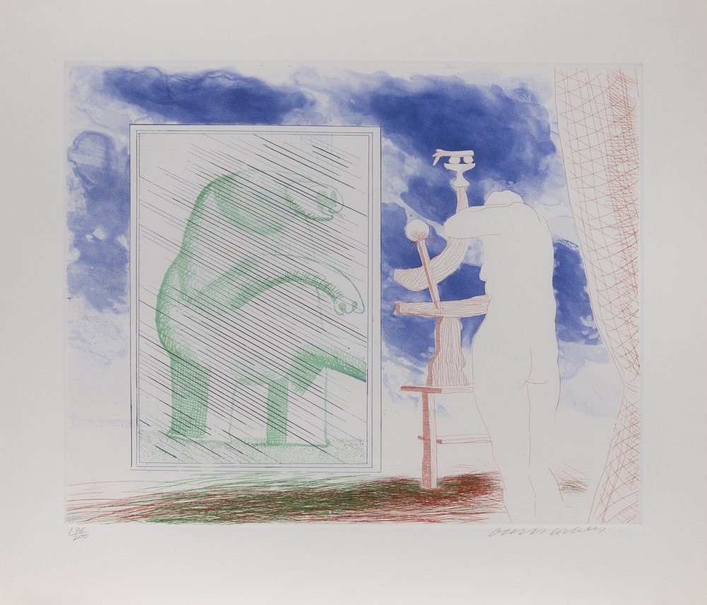 A drawing of a man standing in front of a window.