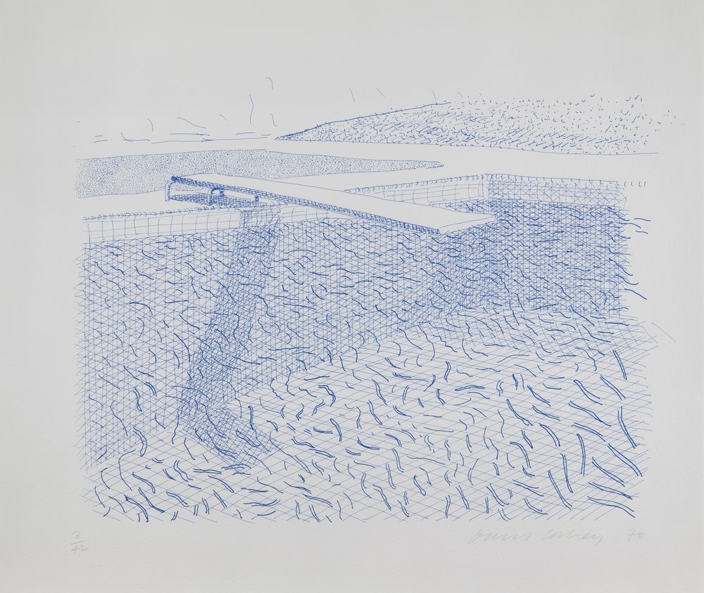 A blue and white drawing of a bridge over a body of water.