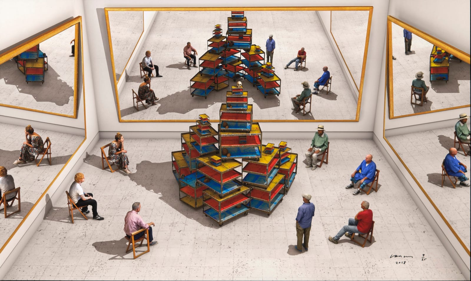 Viewers Looking At Ready-Made With Skull and Mirrors by David Hockney, 2018