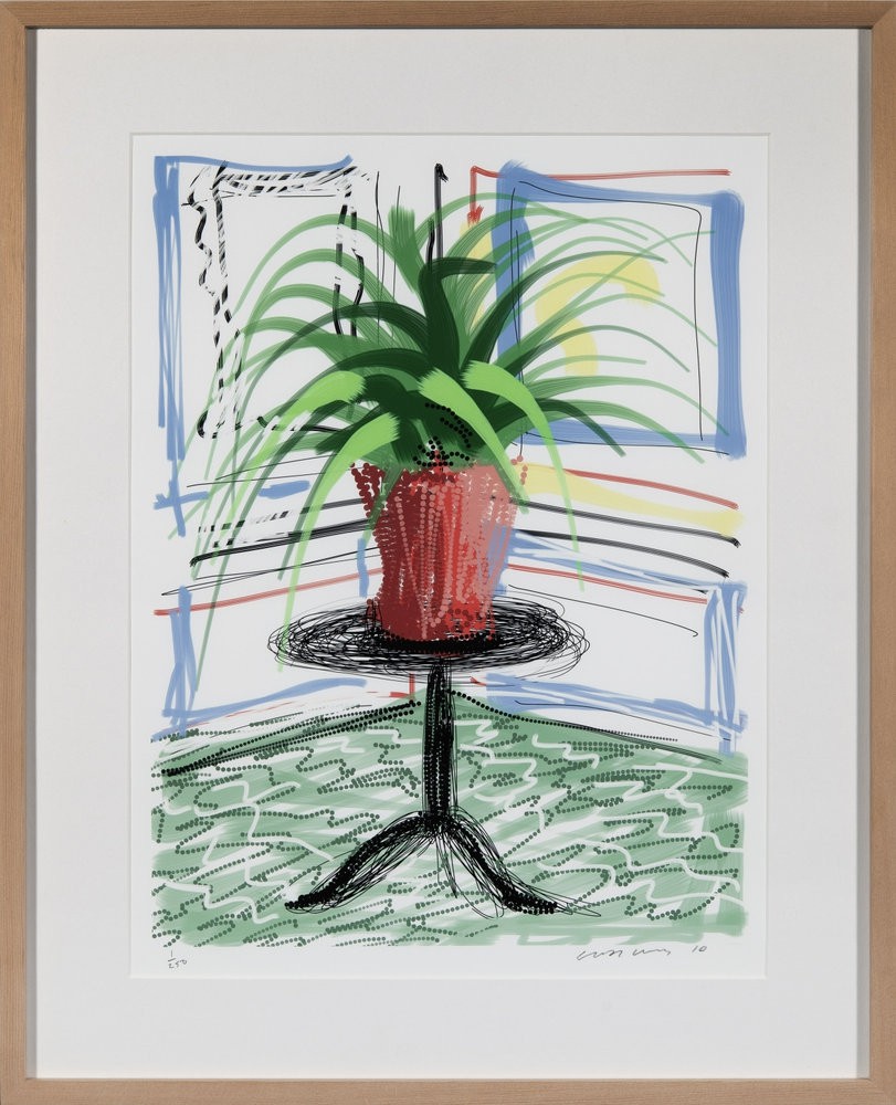 A painting of a potted plant on a table in a room.