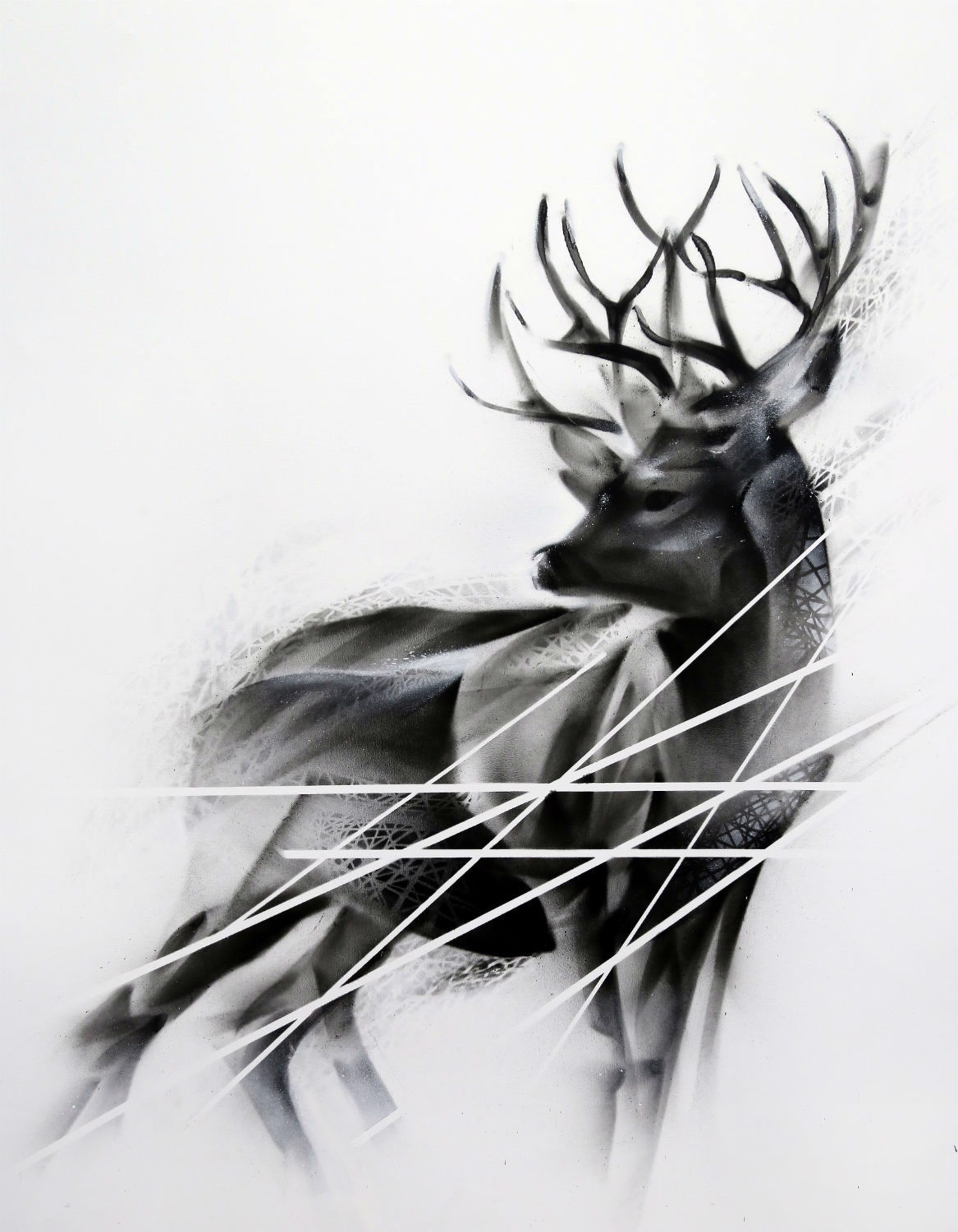 A black and white drawing of a deer with antlers.