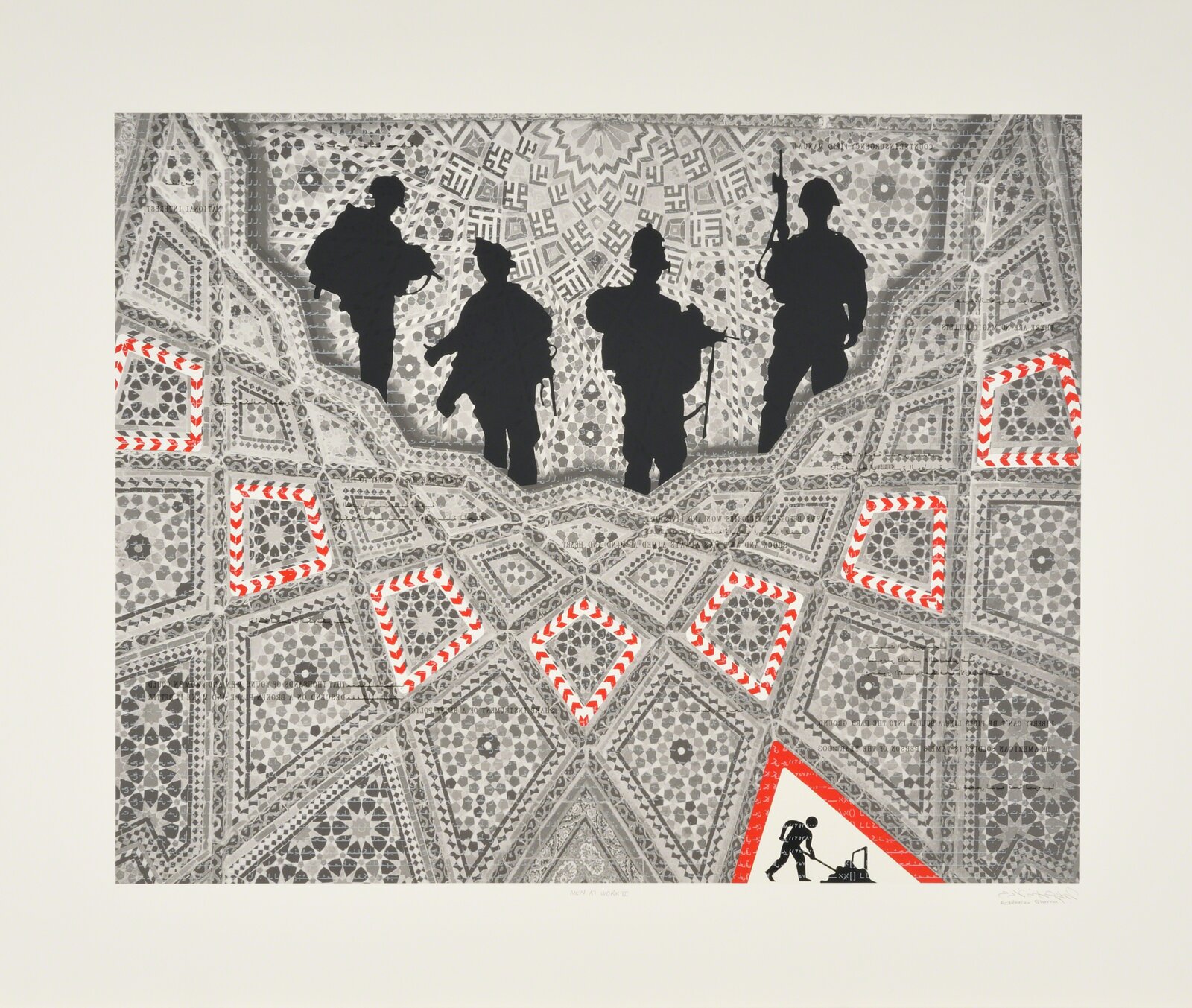 A four-panel artwork featuring black silhouettes of figures against a detailed geometric background.