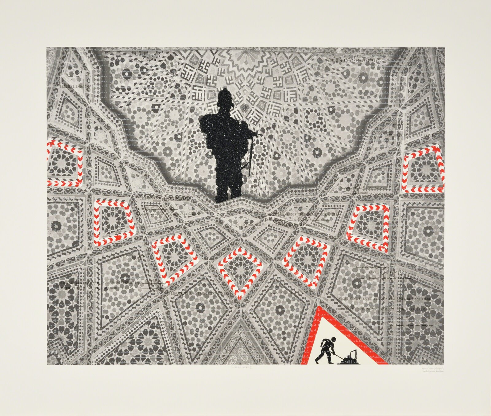 A four-panel artwork featuring black silhouettes of figures against a detailed geometric background.