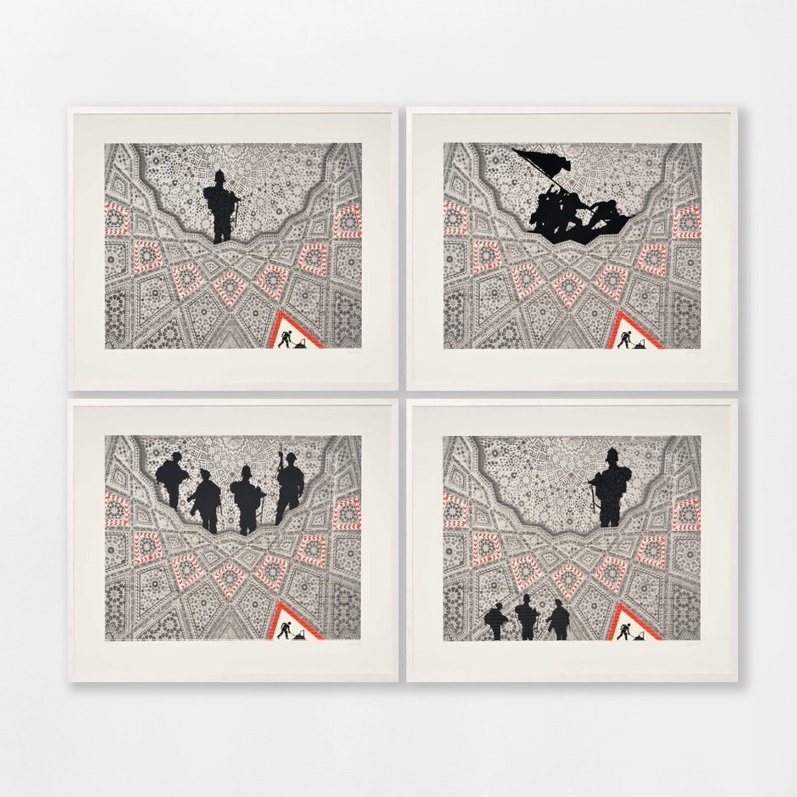 A four-panel artwork featuring black silhouettes of figures against a detailed geometric background.
