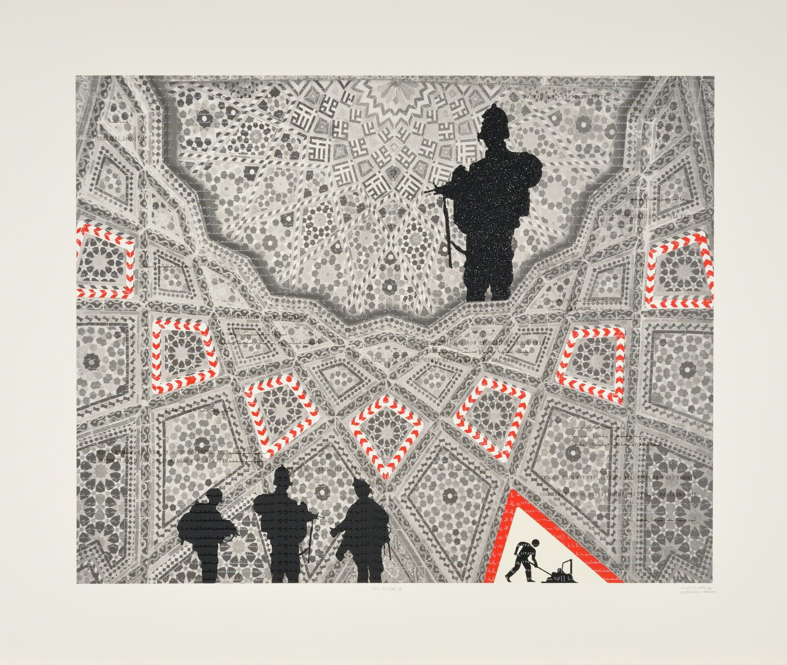 A four-panel artwork featuring black silhouettes of figures against a detailed geometric background.
